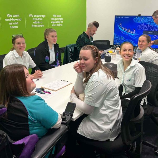 Students from HSPA in a meeting room with representatives from a supermarket design team. HunterWiSE students take innovative idea to supermarket giant