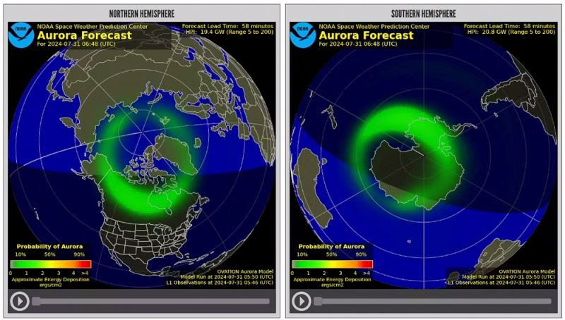 The NOAA 30 minute forecast provides a simple visual guide on what level of aurora we can expect for each hemisphere. NOAA