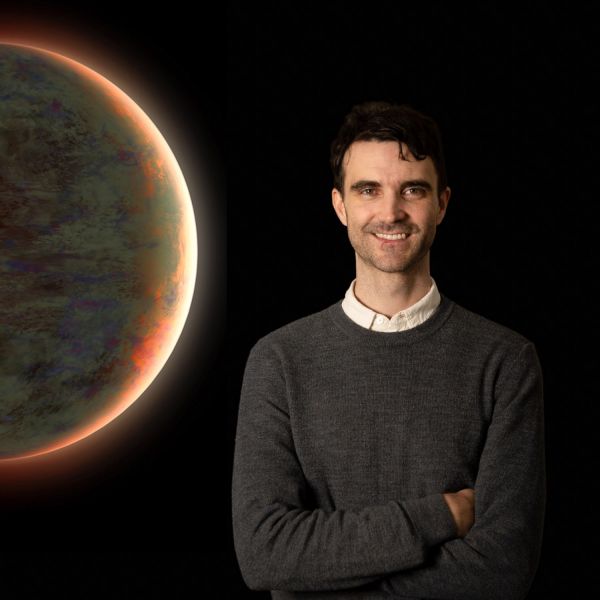 the research Dr Tom Evans-Soma is positioned front of the frame, smiling at the camera. Superimposed against a black background is an artist impression of the planet, a round sphere