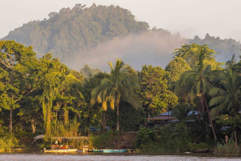 A serene landscape featuring a river in the foreground, with a small boat and lush tropical vegetation along the banks, set against a backdrop of misty mountains at sunrise.