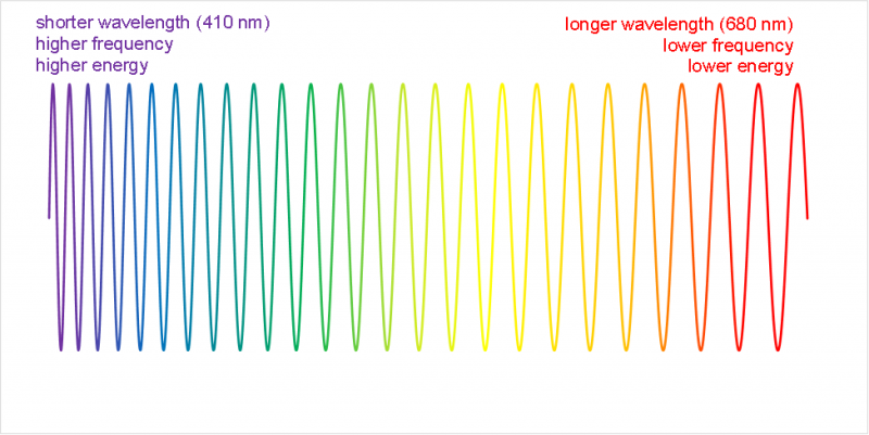  Diagram showing the increase in wavelength across the visible spectrum from violet to red.