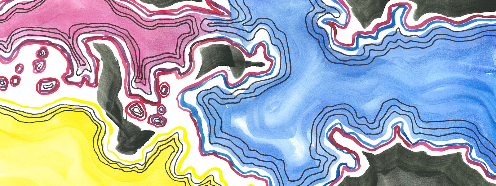 An abstract painting with yellow, blue and maroon colours on black and white