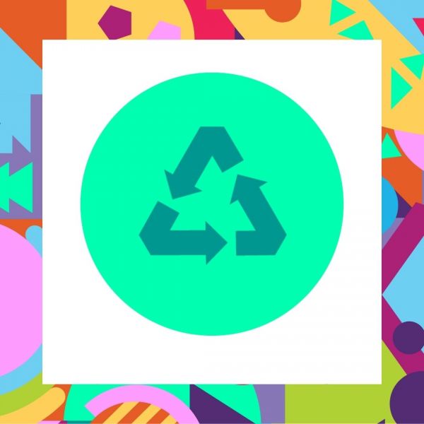 Promotional poster for Upcycle Week at the library Makerspace, featuring a bright green recycling symbol set against a colorful, patterned background.