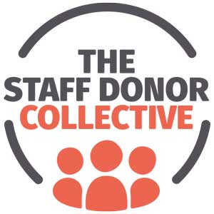 Logo with text "The Staff Donor Collective" in grey then orange for the word collective, with a circle split into three parts around the logo in grey, and three orange head and body shapes at the bottom to represent people.