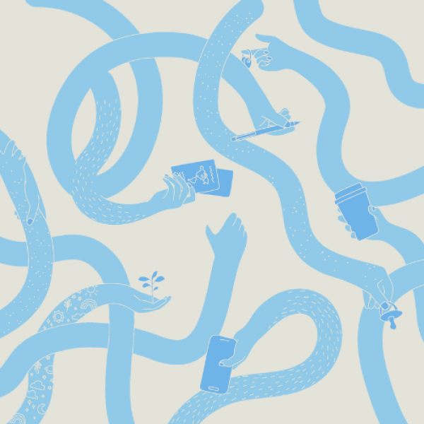 many long blue arms holding various important items signifying the juggling women do