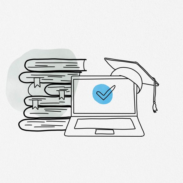 Illustration of stacked books, a laptop with a checkmark on the screen, and a graduation cap