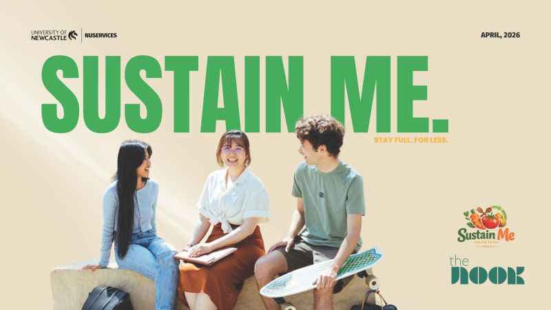 Students laughing together with SustainMe written above it