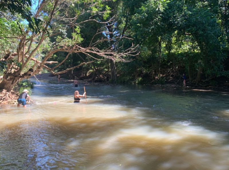 Students in a body of water among trees and scrub on embankments.