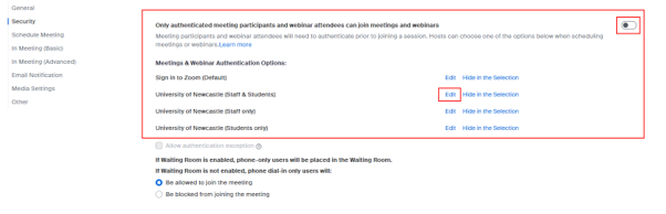 A screenshot taken from the Zoom web portal that shows the security menu options.