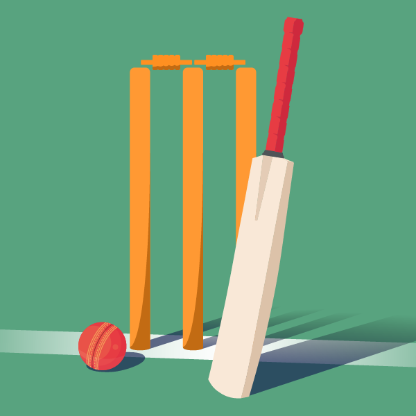 Graphic of a cricket bat leaning against stumps with a red cricket ball on a cricket pitch.