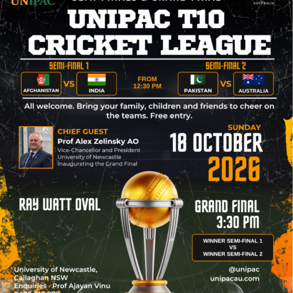 UNIPAC T10 Cricket League finals day poster featuring semi-final matches, the grand final and event details at Ray Watt Oval, University of Newcastle.