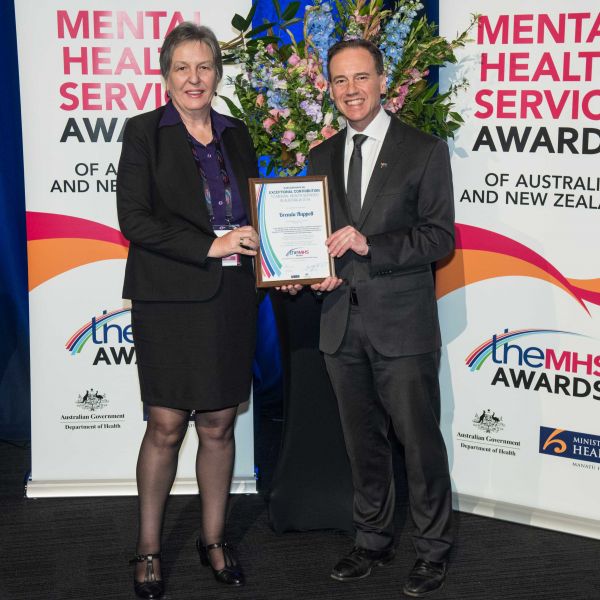Prof Brenda Happell presented with her award by The Hon Greg Hunt MP, Federal Minister for Health. Professor Brenda Happell, University of Newcastle wins top Australasian award in mental health