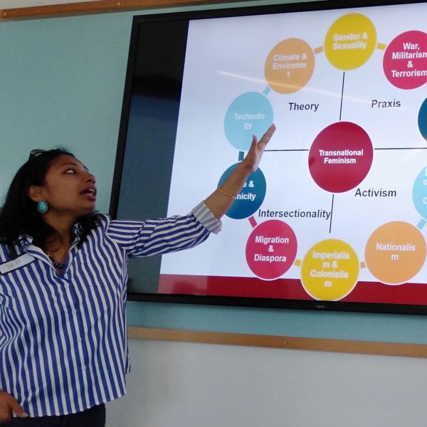 Dr Devaleena Das pointing at a projected chart. Research as an Act of Betrayal 