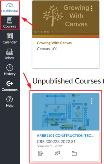 Screenshot of the Canvas Dashboard course selection