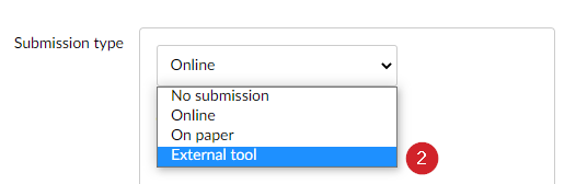 External Tool Submission Type This screenshot shows how to select 'external tool' as the submission type for a Canvas assignment
