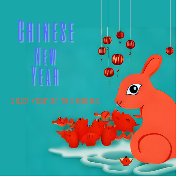 Artwork of a red rabbit, on a aqua coloured background with Chinese lanterns in the background. Text saying 'Chinese new year, 2023 year of the rabbit