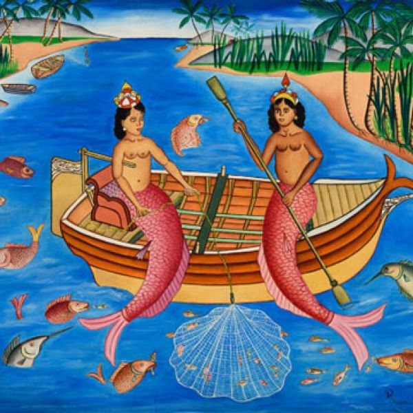 Carribean artwork, two mermaid people on a boat holding oars