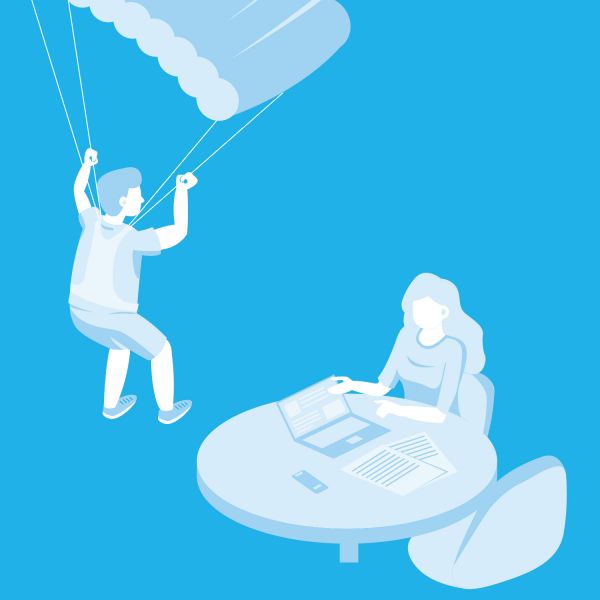 Abstract illustration depicting a person landing at a table via parachute. Another person is sitting at the table, using a laptop.