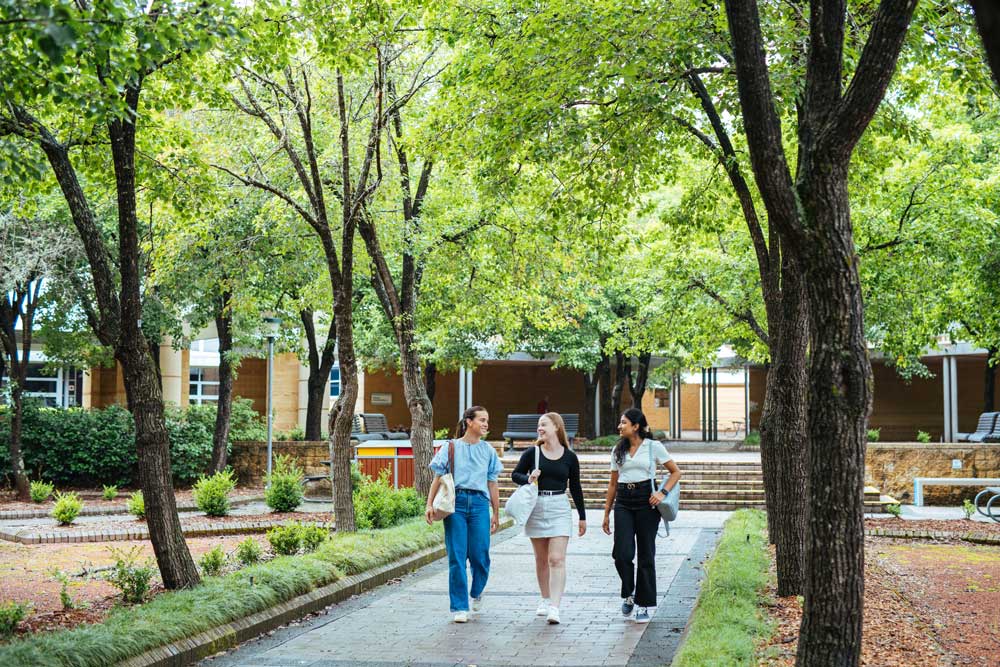 Three students walking through the University campus. 