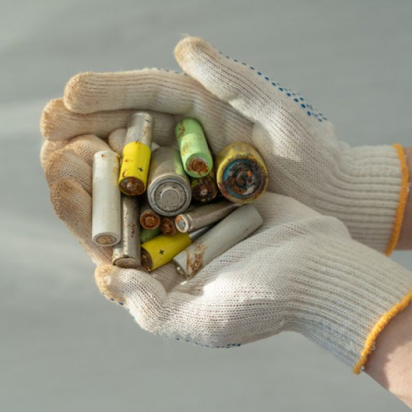 Hands in gloves hold old batteries