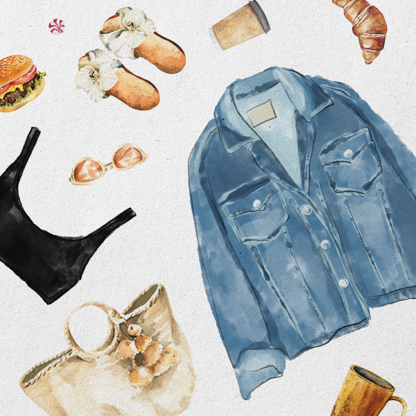 A collage of small items, such as shoes, sunglasses and a denim jacket.