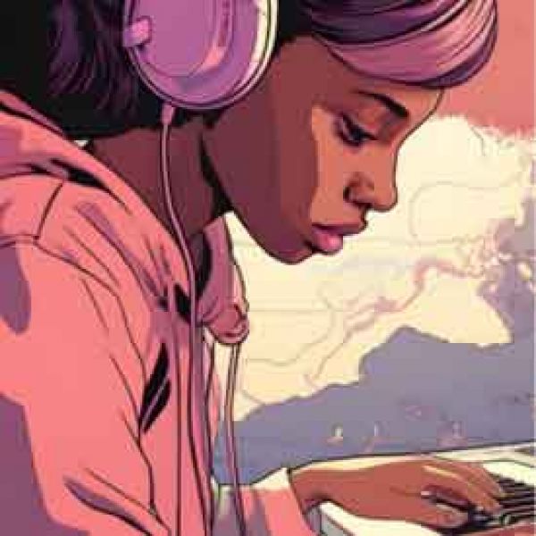 Collab Music Martin AI Image of girl making music with headphones and piano