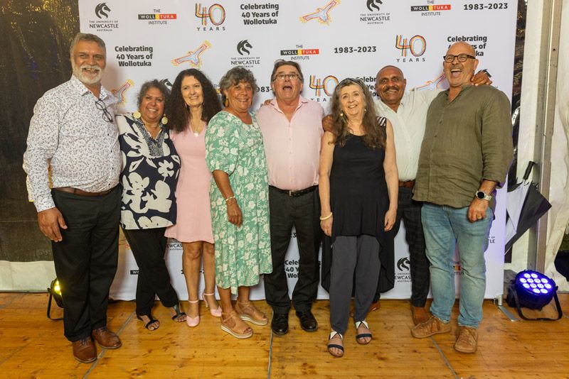 A gala event brought past and present members of the Wollotuka Institute together to mark the 40-year occasion. Group of people celebrate the Wollotuka 40th
