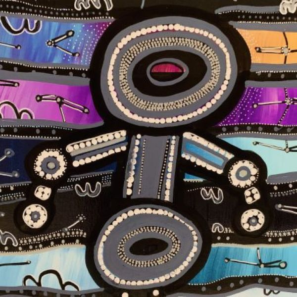 Aboriginal artwork depicting figure in concentric circles