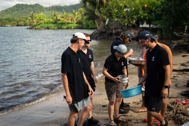 A group action shot of students and scientists using a sieve to sample a beach in Samoa