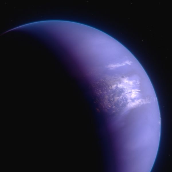 an artists sketch revealing a purple, round sphere planet in dark space 