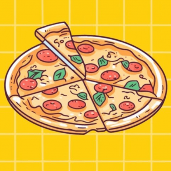 A cartoon of a pizza.