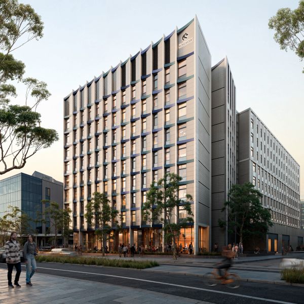 Artist impression of the University Newcastle proposed city campus student accommodation from corner of Worth Place and Civic Lane . Plans lodged for University of Newcastle City Campus Student Accommodation