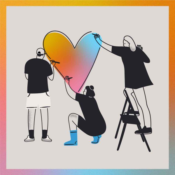 Illustration of three people painting a large, colorful heart together. One stands on a ladder, another kneels, and the third stands, all in a minimal, modern style with a neutral background and gradient border.