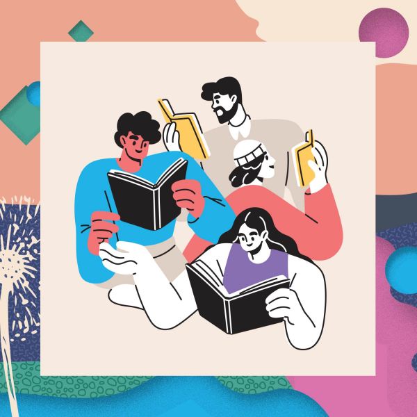 Illustration of four diverse individuals reading books together, surrounded by abstract and colorful geometric patterns.