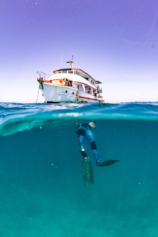 Someone free diving near a boat in clear blue ocean waters, visible both above and below the water surface.