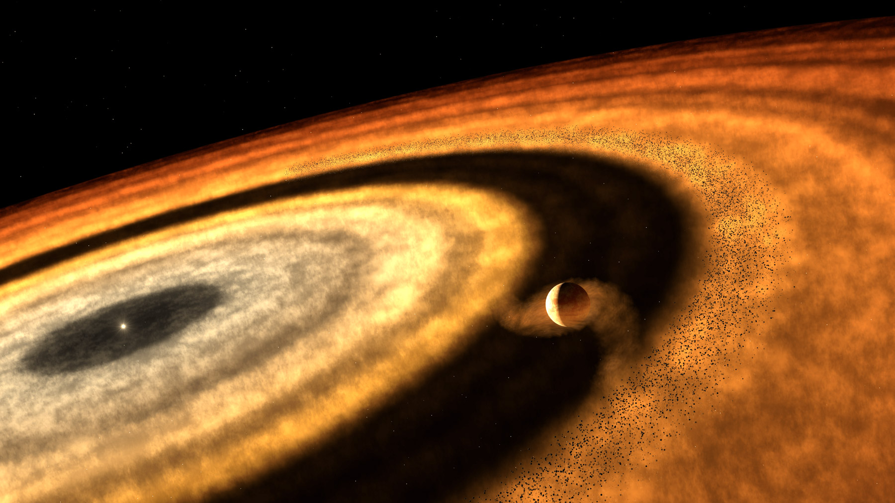 Artistic rendering of a young planetary system seen from within the protoplanetary disc. In the foreground, a planet orbits within a vast, flattened disc of gas and dust, shown in swirling shades of orange, yellow, and white. The planet appears to be carving a dark, circular gap into the disc. A smaller bright star shines at the centre, surrounded by concentric rings. Pebble-sized particles are visible near the planet's orbit, giving a sense of depth and motion.