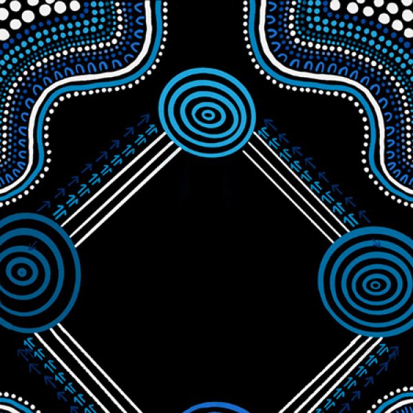 Aboriginal artwork on a black background showing blue and white concentric circles connected by diagonal lines, arrows, and dot patterns forming a geometric, network-like design.
