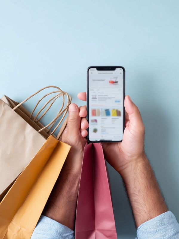 An image of a hand holding a phone with shopping apps open, while also holding shopping bags
