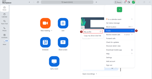 A screenshot taken from the Zoom desktop app showing the 'my profile' menu selection options.
