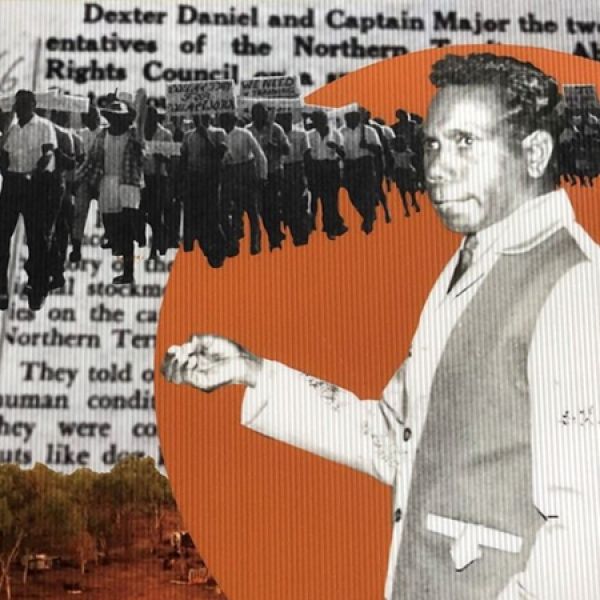 Archival-style promotional graphic featuring a historical newspaper clipping, silhouettes of a crowd, and a portrait of a person pointing, layered over a bold orange background to highlight Aboriginal activism and social justice history.