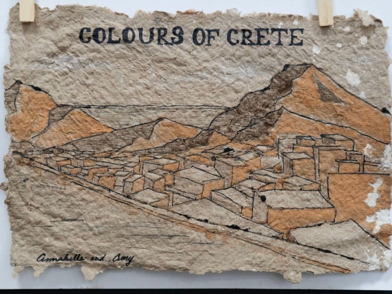 A vibrant mixed media artwork titled "Colours of Crete," showcasing various techniques and materials