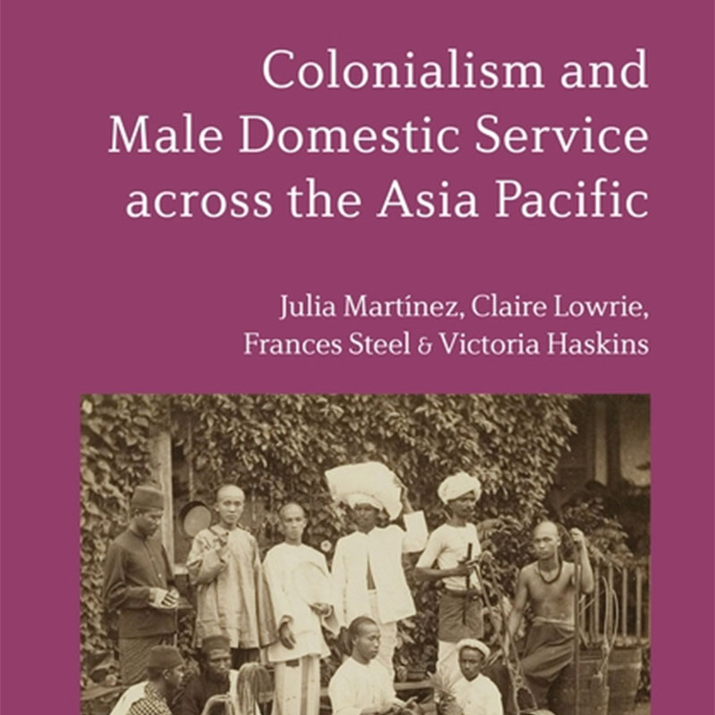 Purple cover with inset of black and white archive photograph of a affluent family and their servants