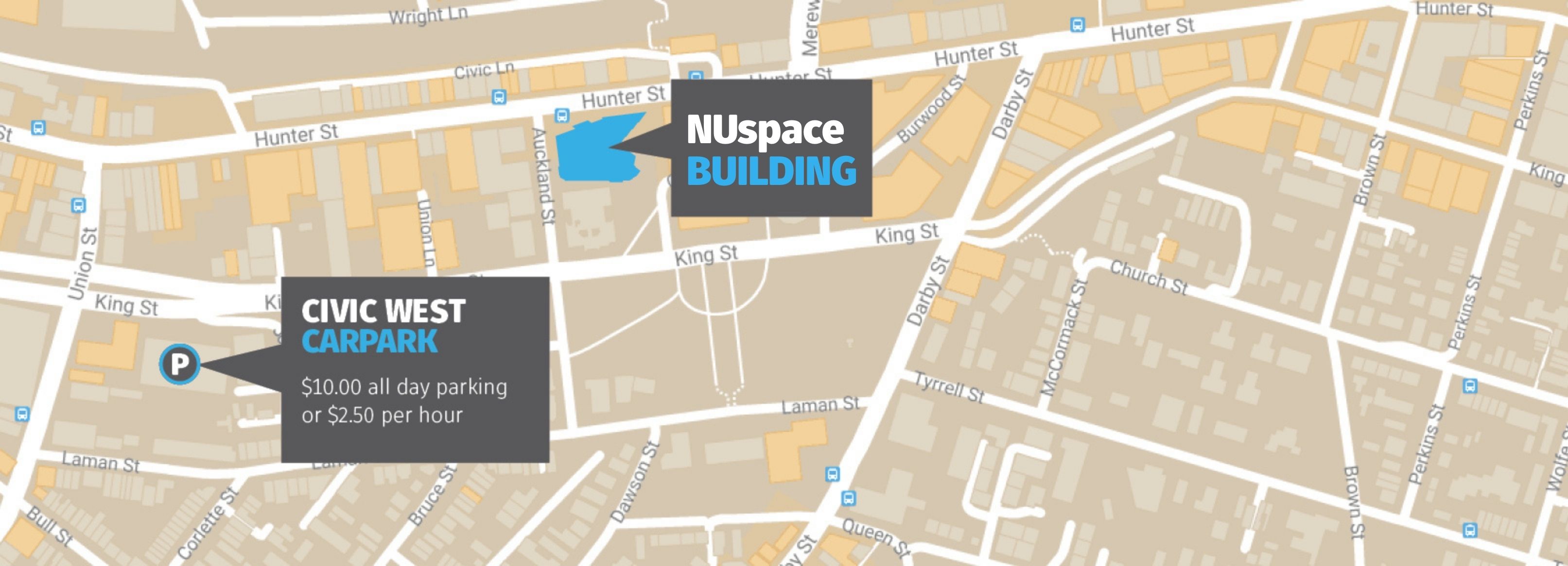 map of Civic west car park in relation to NUSpace