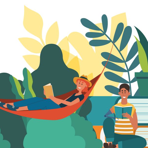 Two illustrated figures, one reading a book in a hammock, and the other on reading on the floor