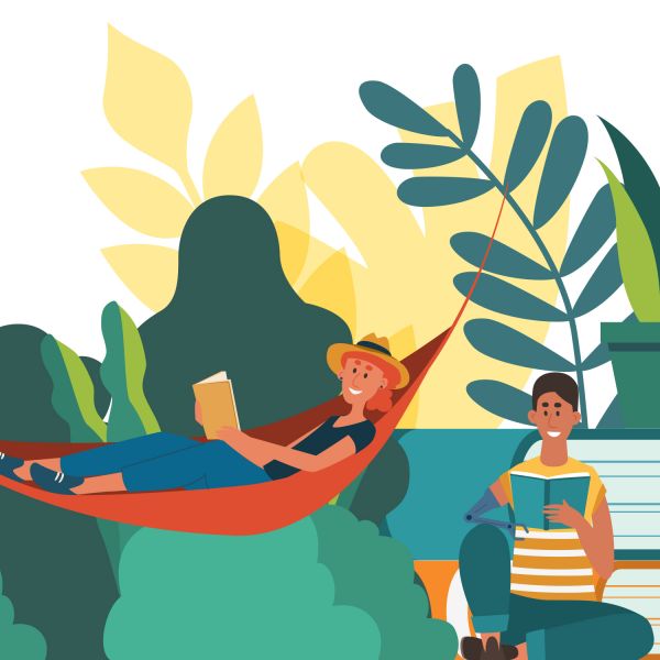 Two illustrated figures, one reading a book in a hammock, and the other on reading on the floor. Library wellbeing activities during Stress Less 