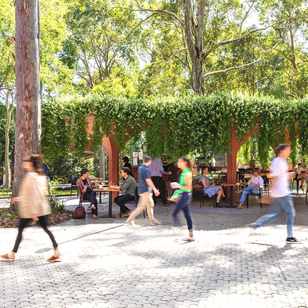 Students walking past on-campus cafe with bushland in the background.
