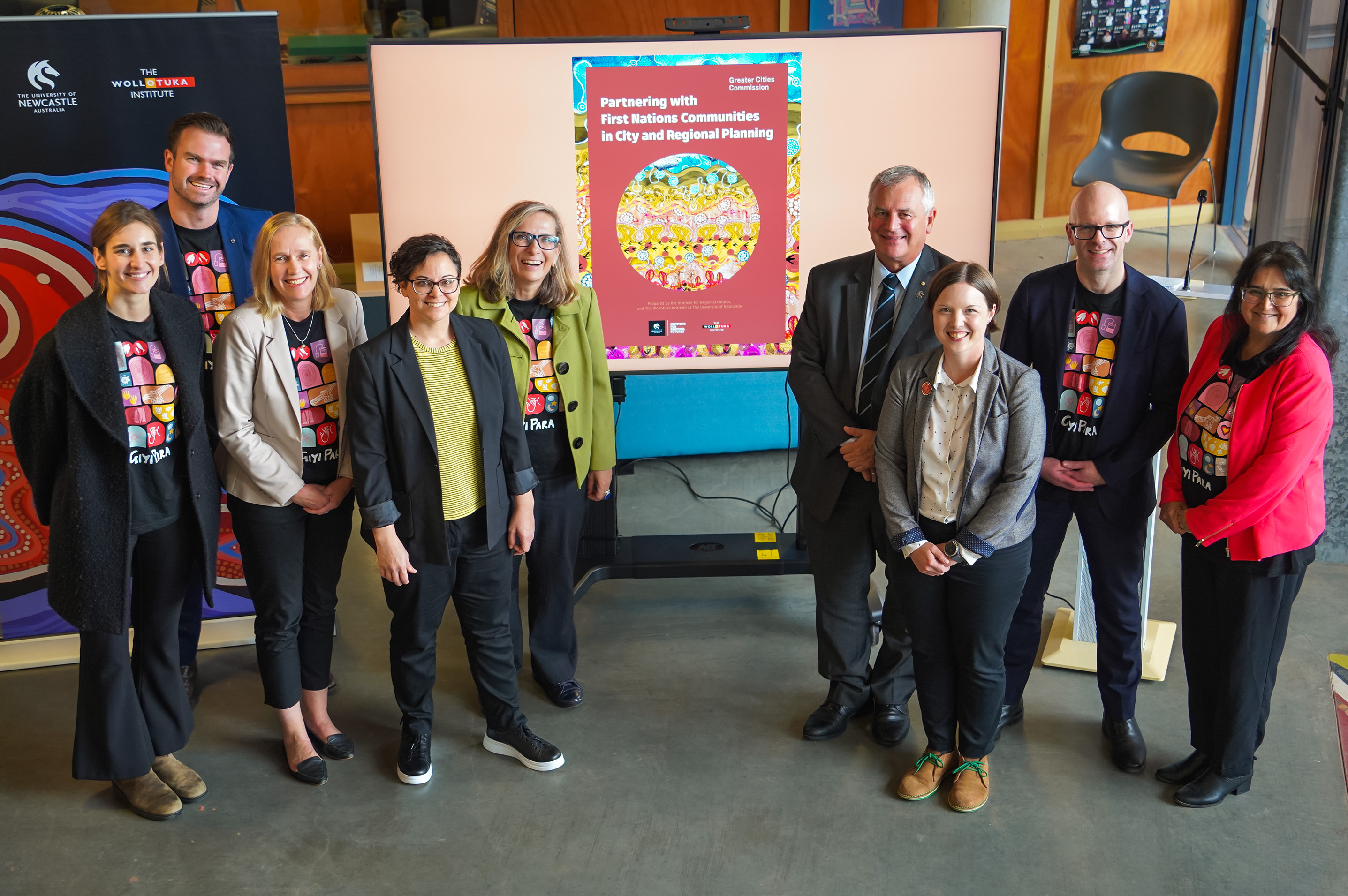 Members from the Greater Cities Commission, in partnership with University of Newcastle's Wollotuka Institute and the Institute for Regional Futures group together for a photo at the launch