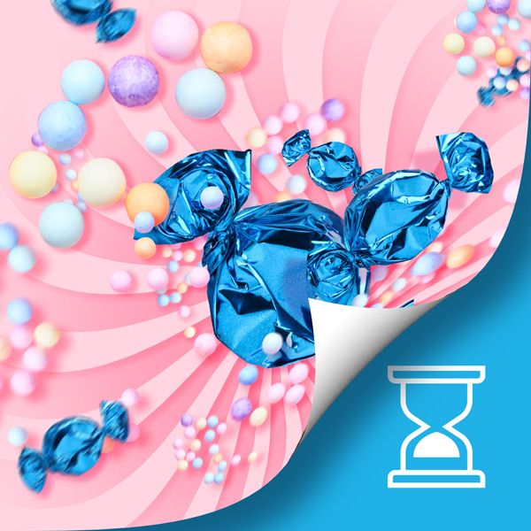 Blue and pink graphic showing lollipops and an hourglass 