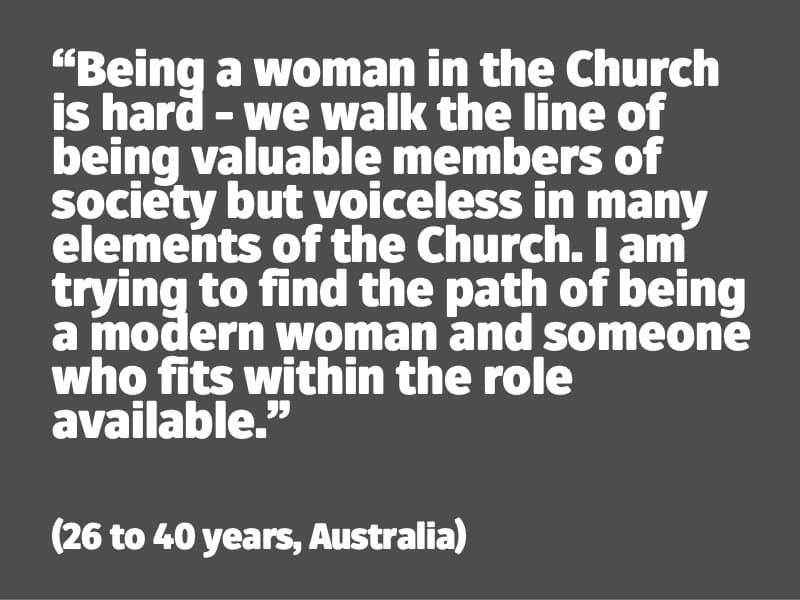 Being a woman in the Church is hard — we walk the line of being valuable members of society but voiceless in many elements of the Church. I am trying to find the path of being a modern woman and someone who fits within the role available. (26 to 40 years, Australia)