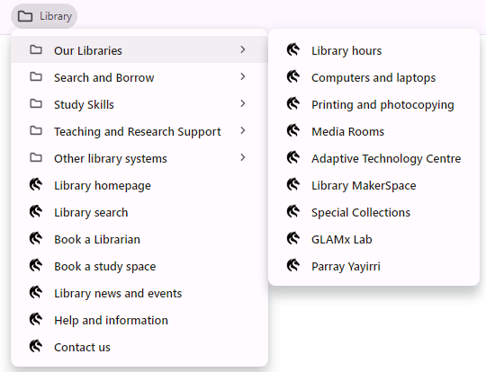 Screenshot of library bookmarks